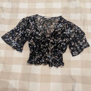 Timing Boho Floral Smocked Crop Top Black Gold Metallic Lurex V-Neck Medium